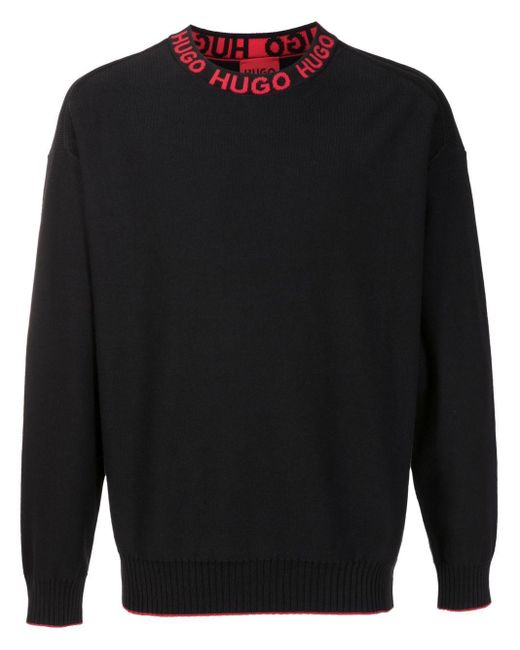 HUGO Blue Logo-collar Fine Knit Cotton Jumper for men
