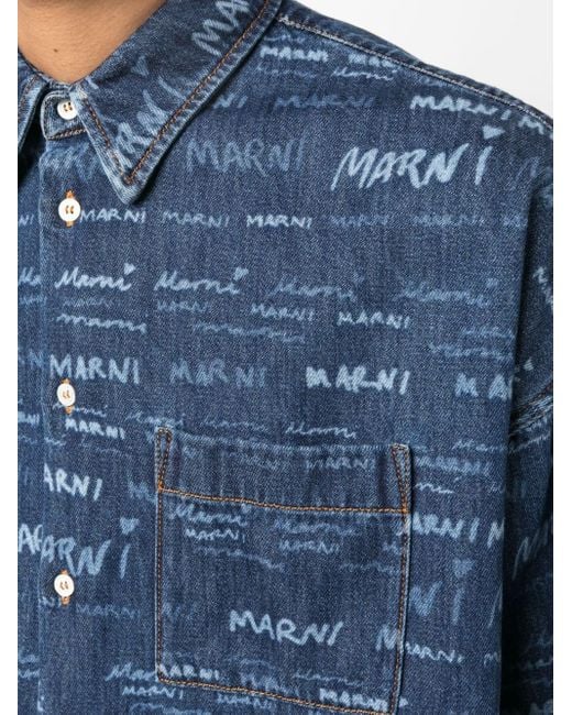 Marni Blue Logo-print Long-sleeve Denim Shirt for men