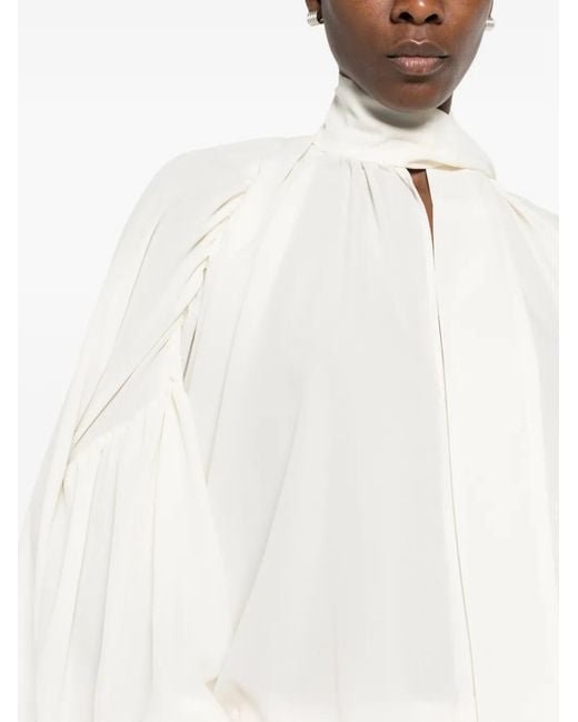 Carla G White Evim Pussy-Bow Balloon-Sleeve Blouse
