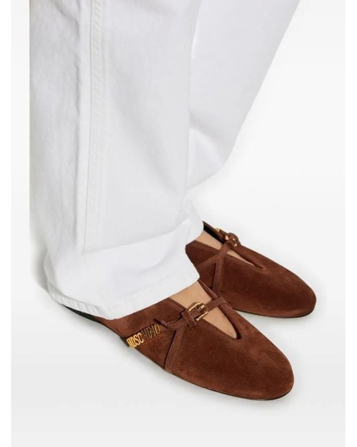 Moschino Brown Logo-Plaque Leather Ballet Flats