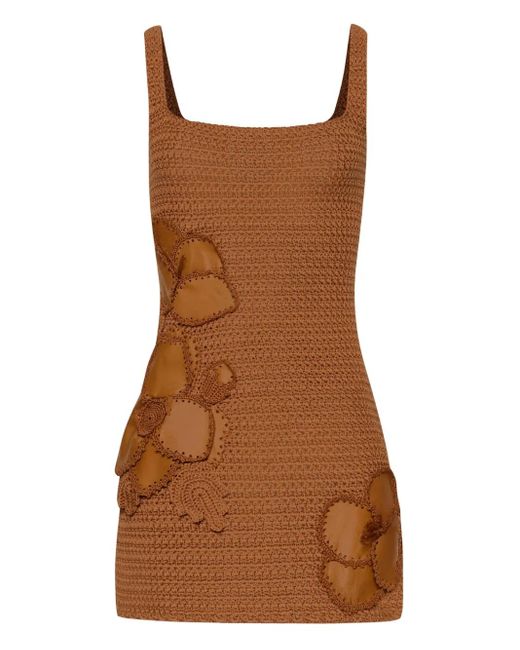 Oscar de la Renta Brown Minikleid Mit Gehäkelten Blumen