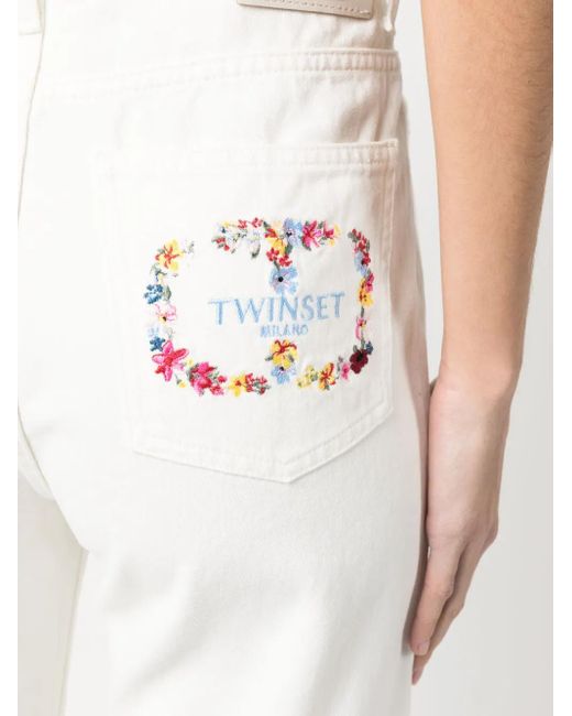 Twinset White Embroidered-Logo Straight-Leg Denim Trousers