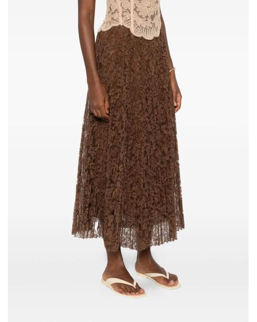 Ermanno Scervino Brown Pleated Lace Midi Skirt