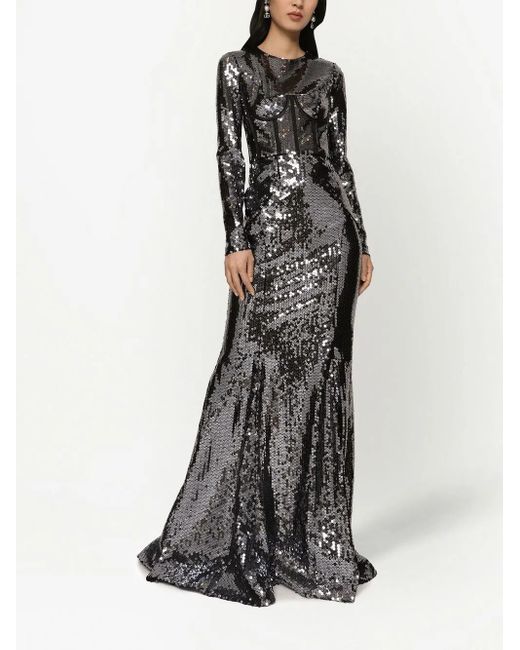 Dolce & Gabbana Gray Corset-Detail Sequinned Gown