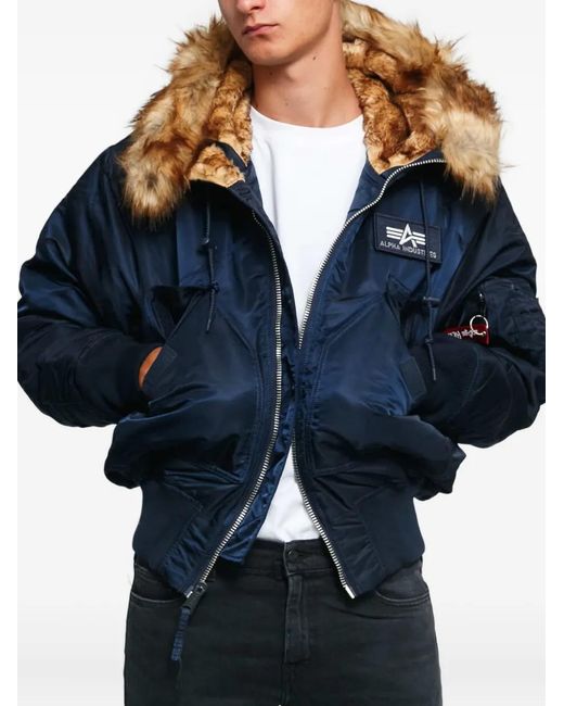 Alpha Industries Blue 45P Faux Fur-Trimmed Hooded Bomber Jacket for men