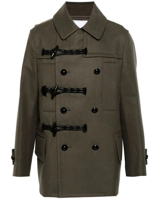 Sacai Green Wool Duffle Coat for men