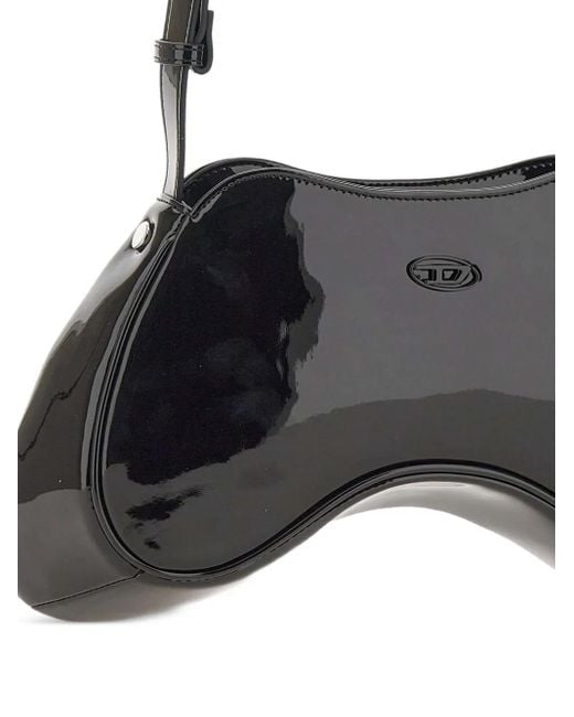 DIESEL Black Shiny Mini Shoulder Handbag With Oval D Logo Zip Closure