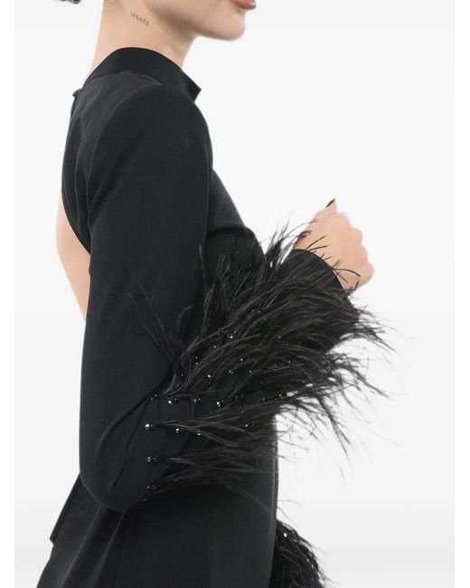 La Semaine Black Feather-Trim Open-Back Mini Dress