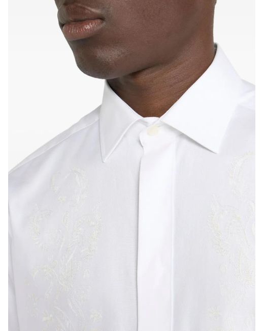 Etro White Floral Paisley Embroidery Cotton Shirt for men