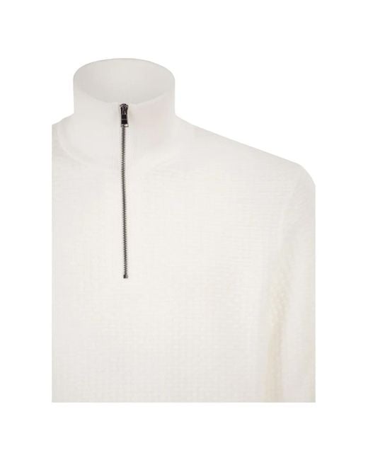 Boss White Textured-Knit Half-Zip Sweater for men