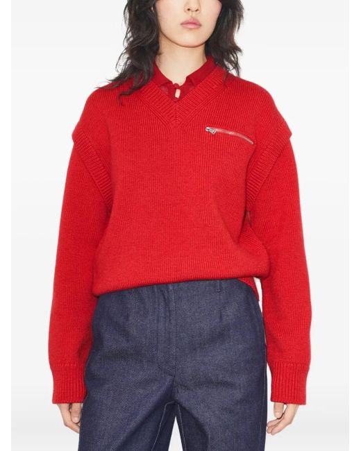 Tory Burch Red Wool V-Neck Sweater