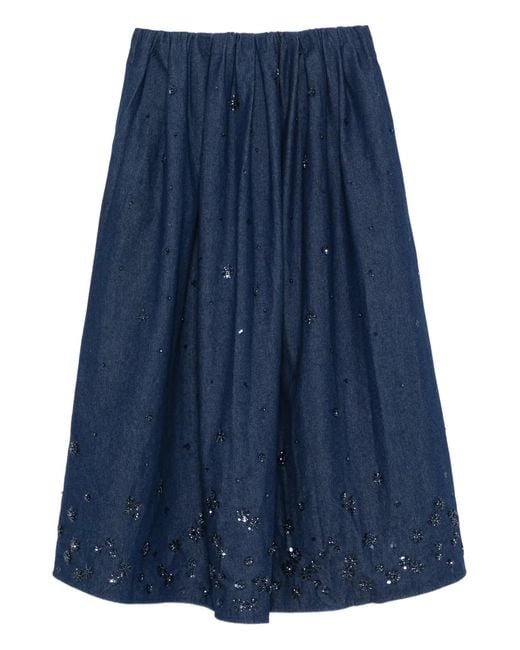 Maje Blue Embroidered Denim Midi Skirt
