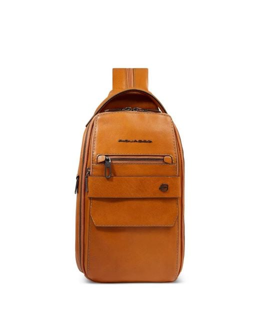 Piquadro Orange Convertible Leather Sling Bag for men
