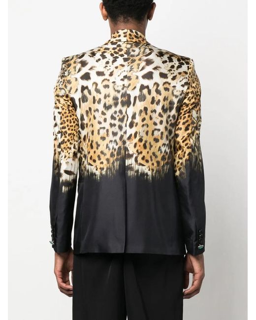 Roberto Cavalli Black Leopard-Print Silk Blazer for men