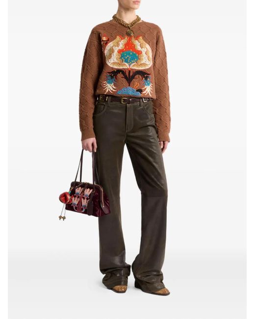 Etro Brown Cable-Knit Floral-Embroidered Sweater