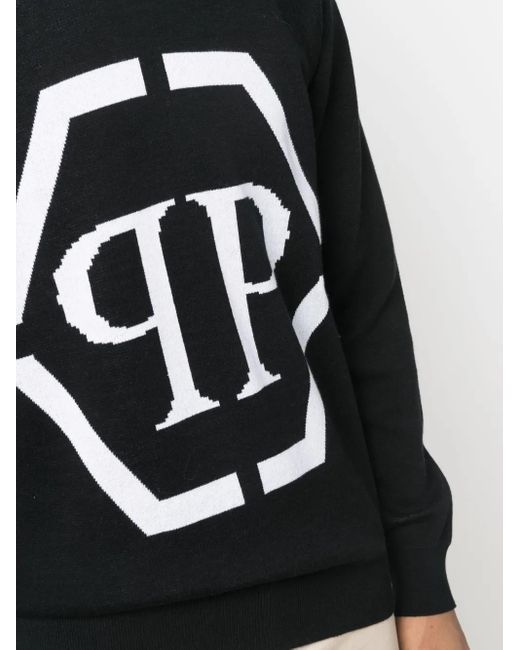 Philipp Plein Blue Intarsia-Logo Crewneck Jumper for men