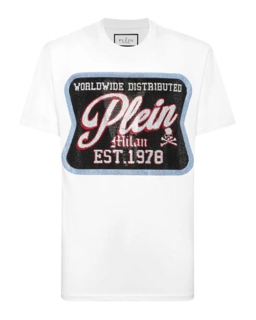 Philipp Plein White Round Neck T-Shirt Patch Plein Milan for men