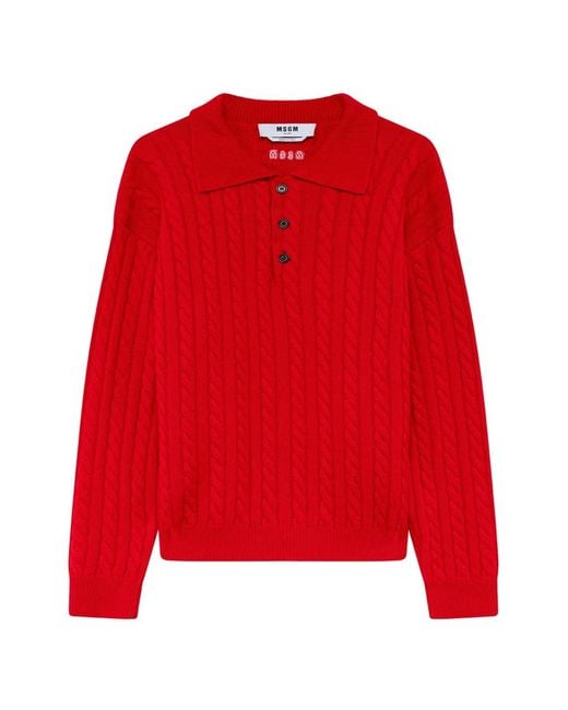 MSGM Red Cable-Knit Polo Shirt for men