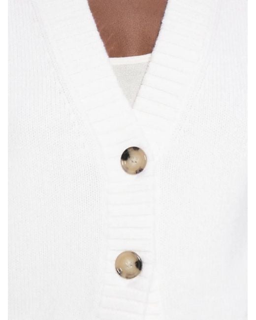 Allude White Ribbed-Trim V-Neck Cardigan