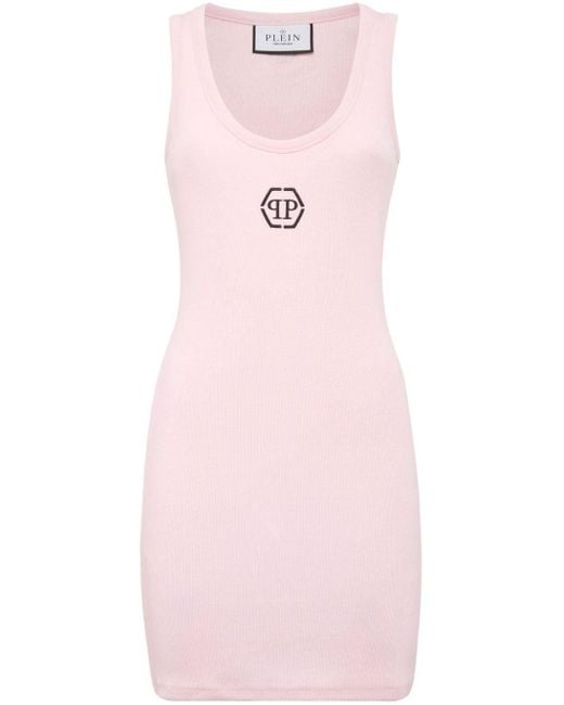 Philipp Plein Pink Geripptes Kleid mit Logo-Stickerei
