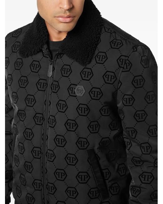 Philipp Plein Black Monogram Shearling-Collar Bomber Jacket for men