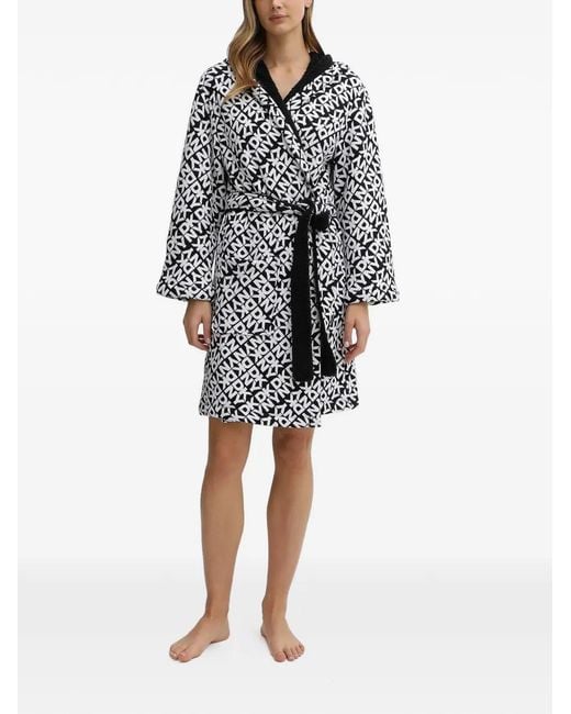 DKNY White Hooded Geometric Print Robe