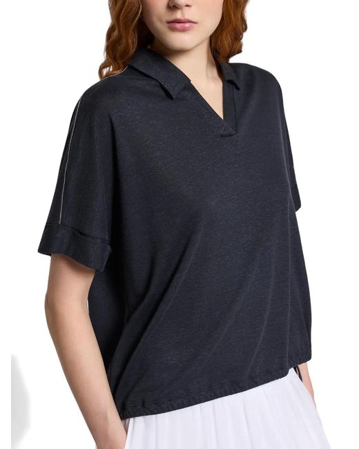 Peserico Blue V-Neck Drawstring Top
