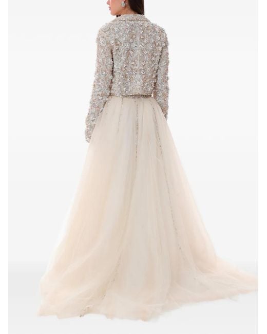 Dina Melwani White Embroidered Tulle Maxi Dress