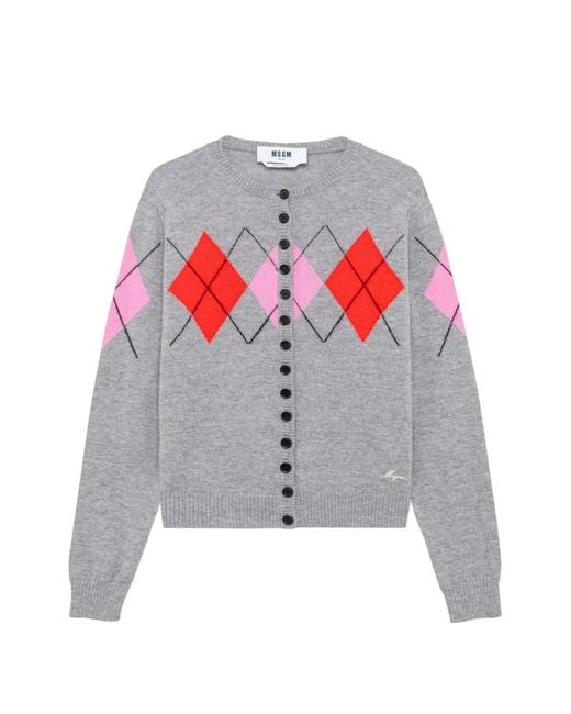 MSGM Gray Argyle-Pattern Button-Up Cardigan