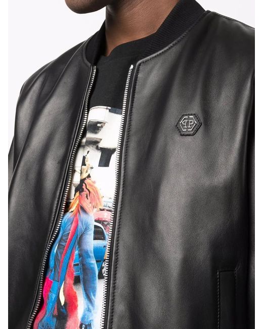 Philipp Plein Black Leather Bomber Jacket for men