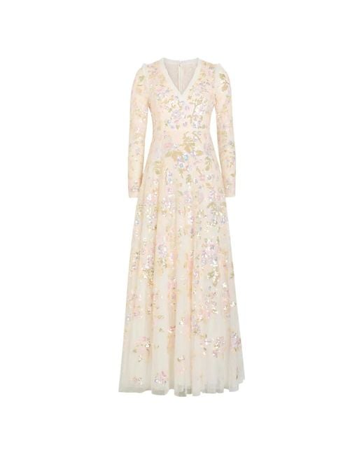 Needle & Thread White Robe Longue Fleurie À Sequins