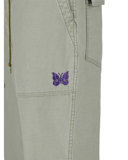 Needles Gray Drawstring Embroidered Trousers for men