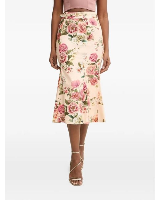 Guess Natural Ryan Floral-Print Belted Midi Skirt