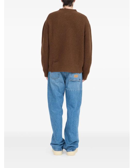 MM6 by Maison Margiela Brown Relaxed Fit V-Neck Sweater With Distressed Hem for men