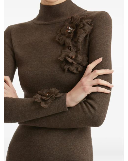 Oscar de la Renta Midi-Jurk Met Bloemapplicatie En Gedrapeerde Hals in het Brown