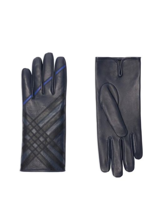 Burberry Blue Check-Pattern Leather Gloves