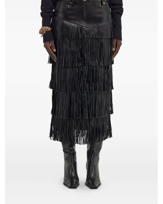 Roberto Cavalli Black Fringed Midi Skirt