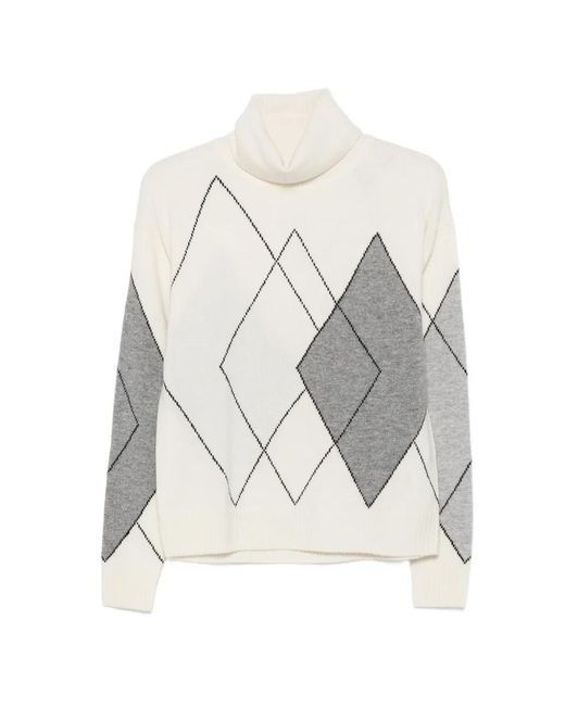 Seventy White Argyle-Pattern Roll-Neck Sweater