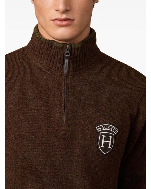 Hackett Brown Logo-Patch Quarter-Zip Sweater for men
