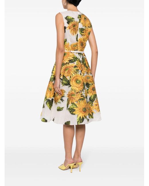 Oscar de la Renta Yellow Floral-print Silk Midi Dress
