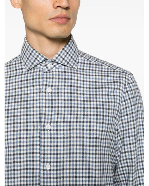 Barba Napoli Blue Fine-Check Cotton Flannel Shirt for men
