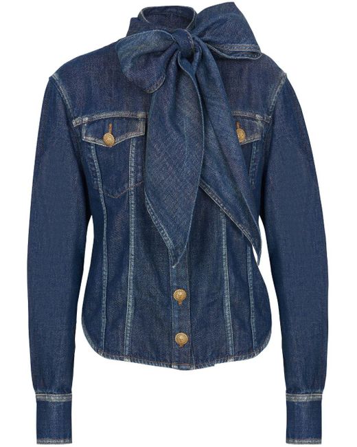 Chemise en jean à col lavallière Balmain en coloris Blue