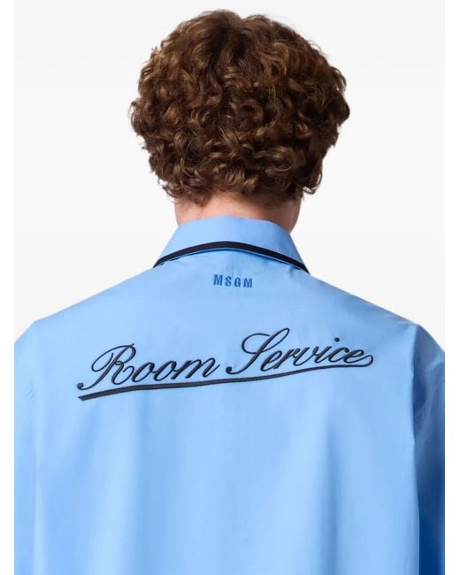 MSGM Blue Piping-Detail Embroidered-Logo Shirt for men