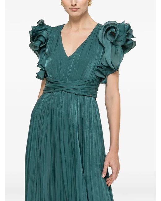 Nissa Green Ruffled Pleated Maxi Dress