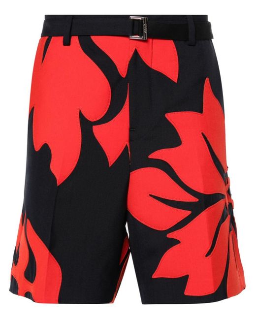 Sacai Red Floral-patches Belted Shorts for men