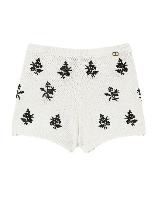 Twinset White Floral-Embroidered Knit Shorts