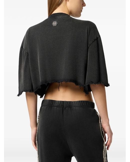 Philipp Plein Black Logo-Strass Cropped T-Shirt