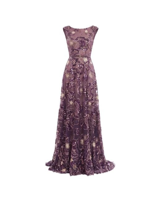 Saiid Kobeisy Purple Sequin-Embellished Embroidered Tulle Maxi Dress