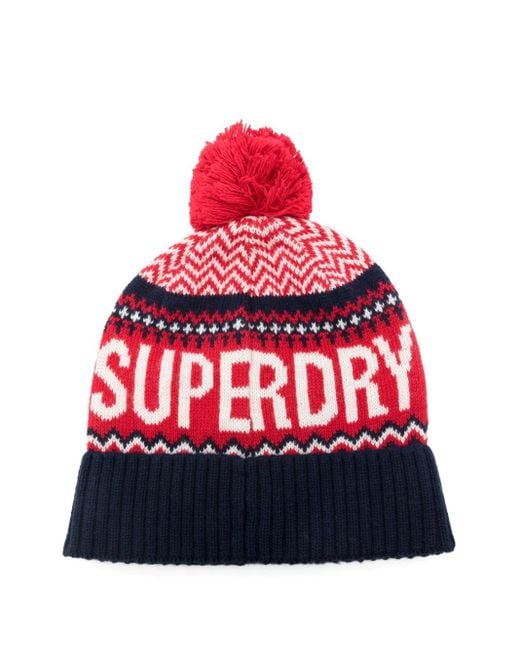 Superdry Red Pompom-Detail Patterned Beanie