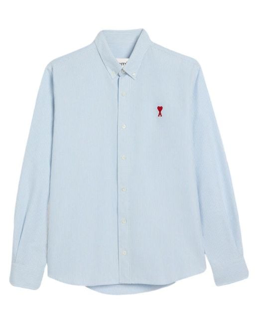 AMI Blue Logo-embroidered Striped Cotton Shirt for men